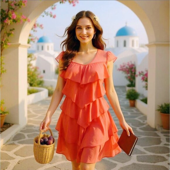 BCBGMaxAzria Coral Pink Tiered Dress–Mesh Puff Sleeves, Ruffle Layers & V-Neck - Picture 1 of 6